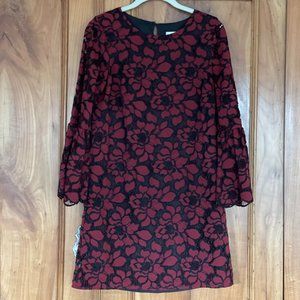 Likely red/black brocade lace dress with fluted sleeve detail, size 2